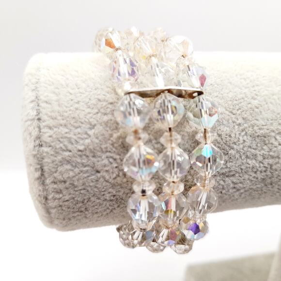 Vintage 1950s Aurora Borealis Crystal Beaded Bracelet, 3-Row Memory Wire Jewelry - Picture 5 of 11